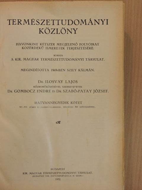 b. - Természettudományi Közlöny 1932. január-december/Pótfüzetek a Természettudományi Közlönyhöz 1932. január-december [antikvár]