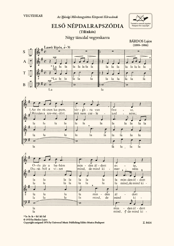 BÁRDOS LAJOS - ELSŐ NÉPDALRAPSZÓDIA (TILINKÓS),NÉGY TÁNCDAL VEGYESKARRA