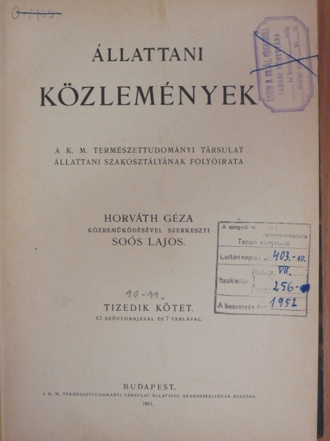 Abonyi Sándor - Állattani Közlemények 1911-1912/1-4. [antikvár]