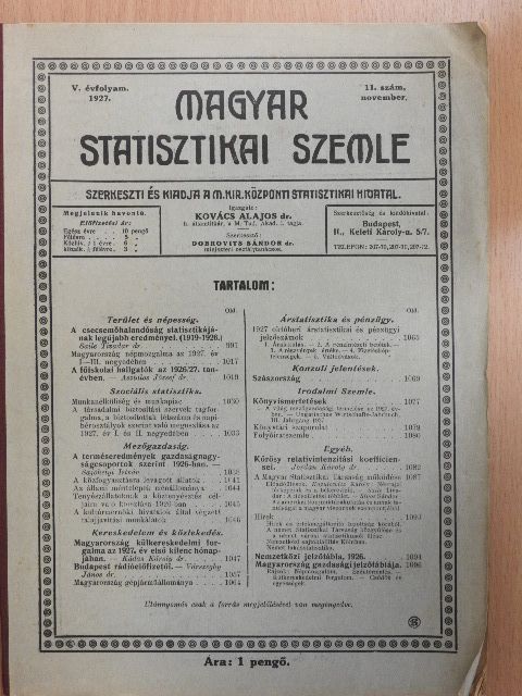 Dr. Jordan Károly - Magyar Statisztikai Szemle 1927. november [antikvár]