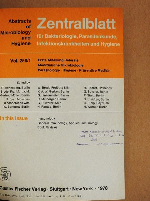 Zentralblatt für Bakteriologie, Parasitenkunde, Infektionskrankheiten und Hygiene 258/1-7 [antikvár]