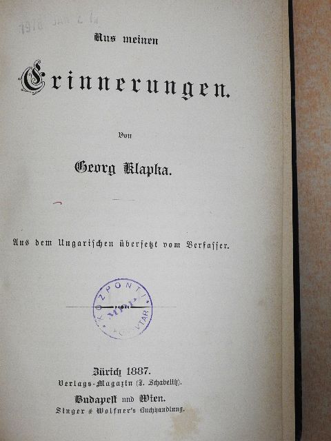 Georg Klapka - Aus meinen Erinnerungen (gótbetűs) [antikvár]