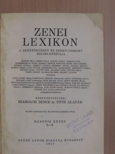 Adler Guido - Zenei Lexikon II. (töredék) [antikvár]
