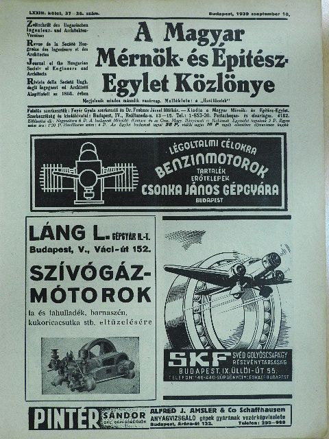 A Magyar Mérnök- és Építész-Egylet Közlönye 1939. szeptember 10. [antikvár]