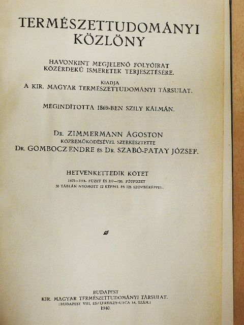 Aczél M. - Természettudományi Közlöny 1940. január-december/Pótfüzetek a Természettudományi Közlönyhöz 1940. január-december [antikvár]