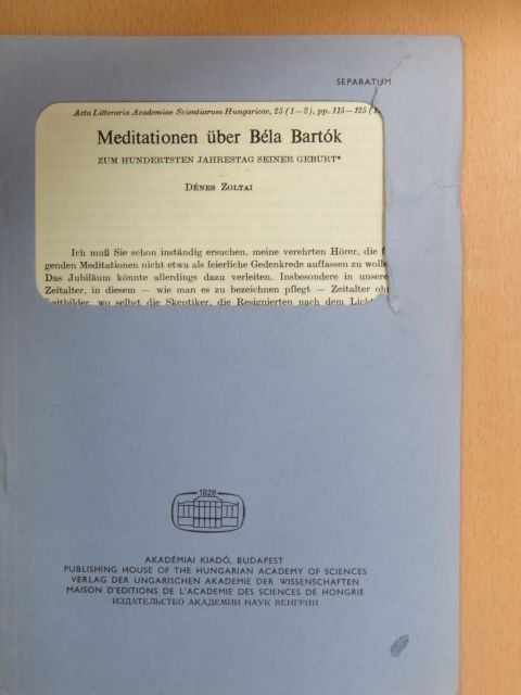 Dénes Zoltai - Meditationen über Béla Bartók [antikvár]