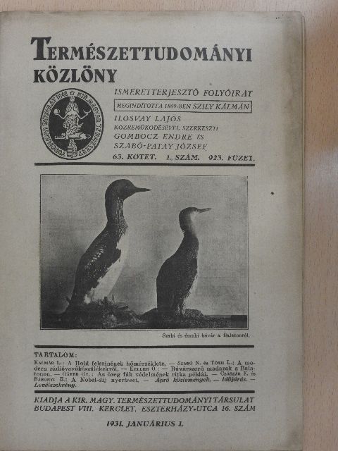 Bábonyi Endre - Természettudományi Közlöny 1931. januárius 1. [antikvár]