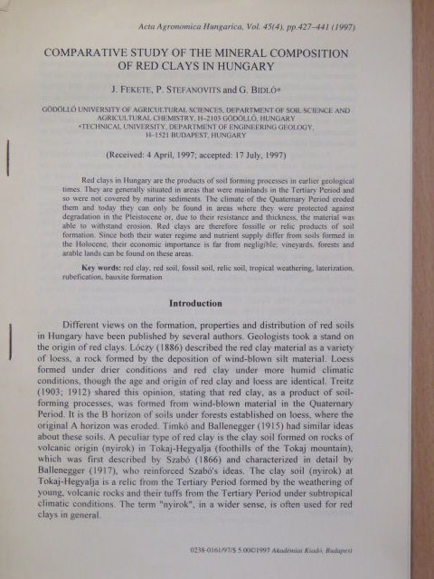 G. Bidló - Comparative study of the mineral composition of red clays of hungary [antikvár]