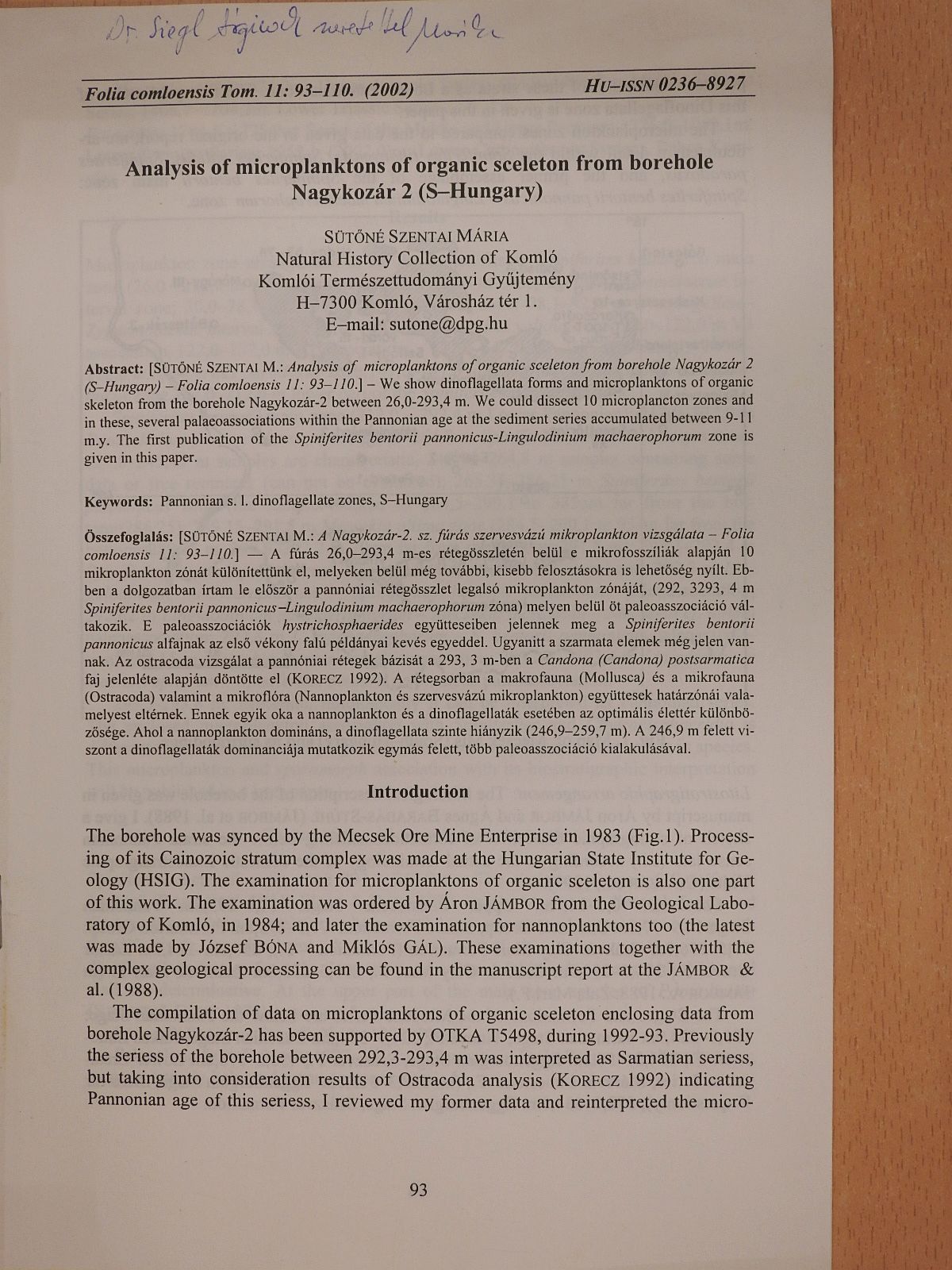 Sütőné Szentai Mária - Analysis of microplanktons of organic sceleton from borehole Nagykozár 2 (S-Hungary) (dedikált példány) [antikvár]