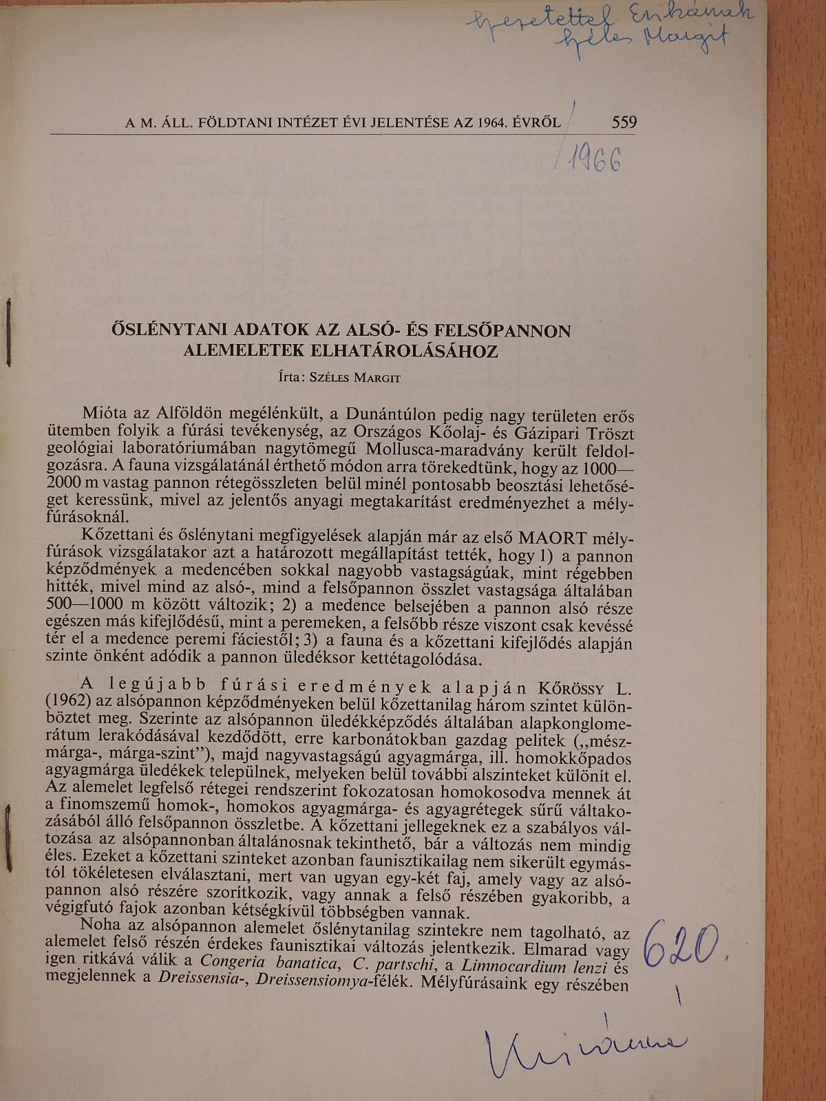 Széles Margit - Őslénytani adatok az Alsó- és Felsőpannon alemeletek elhatárolásához (dedikált példány) [antikvár]