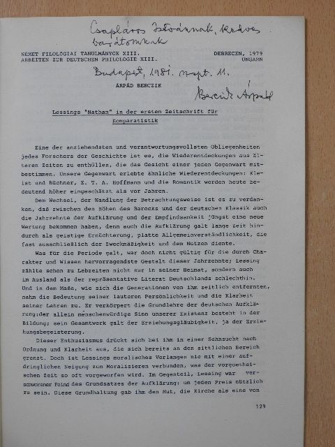 Berczik Árpád - Lessings "Nathan" in der ersten Zeitschrift für Komparatistik (dedikált példány) [antikvár]