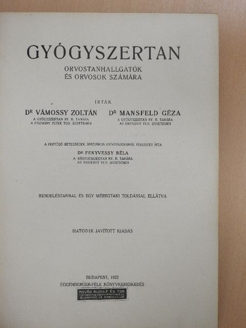 Dr. Fenyvessy Béla - Gyógyszertan [antikvár]