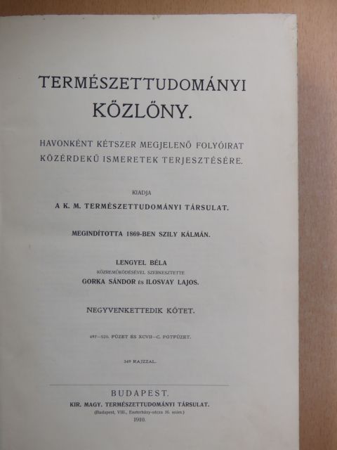 Entz Géza - Természettudományi Közlöny 1910. január-december [antikvár]