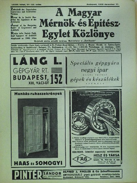 Dr. Thamm István - A Magyar Mérnök- és Építész-Egylet Közlönye 1939. december 17. [antikvár]