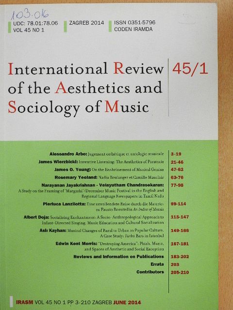 Alessandro Arbo - International Review of the Aesthetics and Sociology of Music - June 2014 [antikvár]
