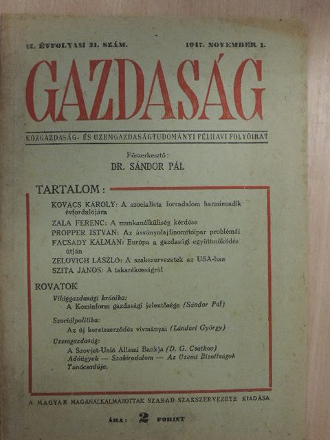Facsady Kálmán - Gazdaság 1947. november 1. [antikvár]