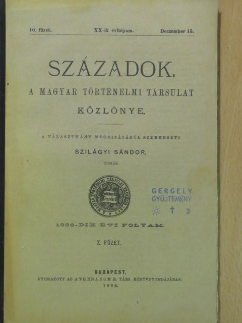 Bunyitay Vincze - Századok 1886. deczember 15. [antikvár]