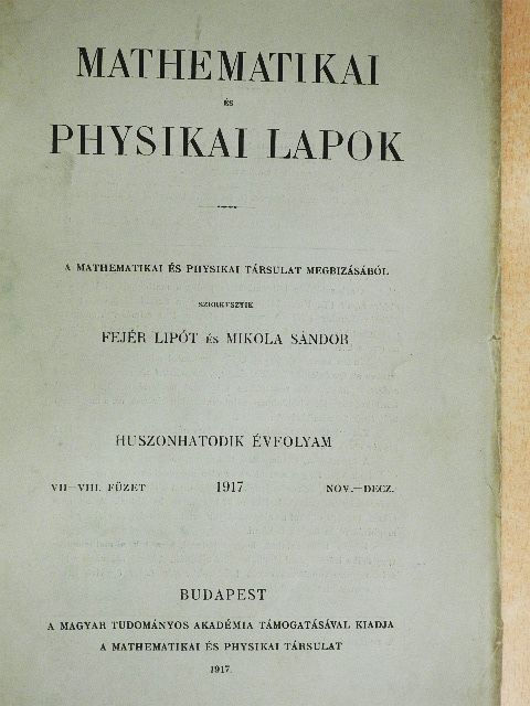 Bauer Mihály - Mathematikai és physikai lapok 1917. november-deczember [antikvár]