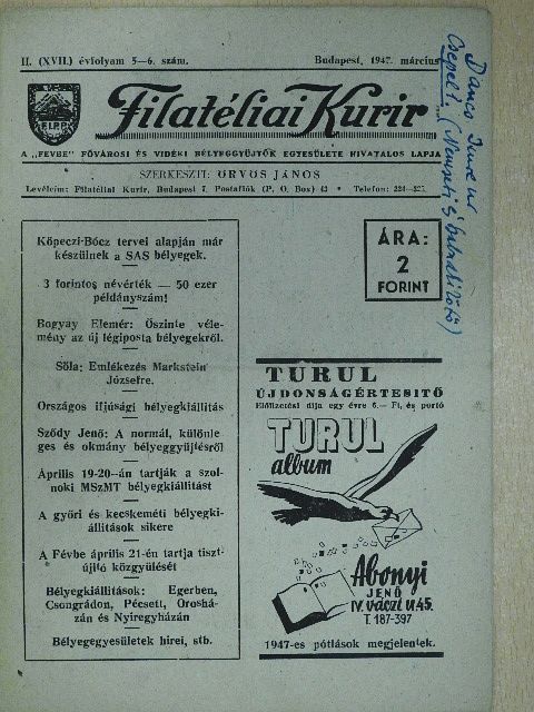 Bogyay Elemér - Filatéliai Kurir 1947. március [antikvár]