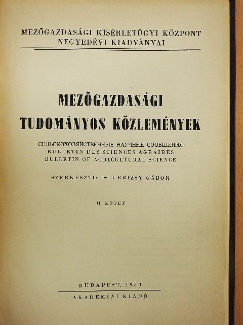 Dr. Bálint Andor - Mezőgazdasági Tudományos Közlemények II.  [antikvár]