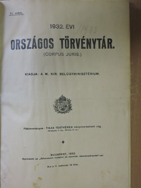 1932. évi országos törvénytár/1933. évi országos törvénytár [antikvár]