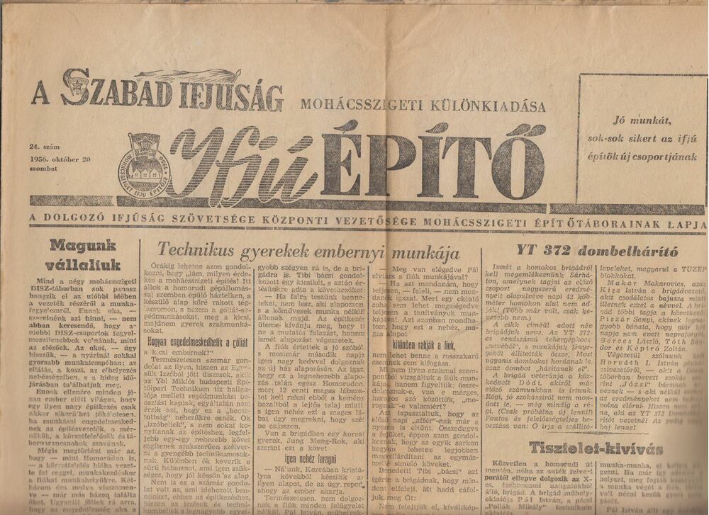Szabad Ifjúság mohácsszigeti különkiadása 1956. október 20. [antikvár]