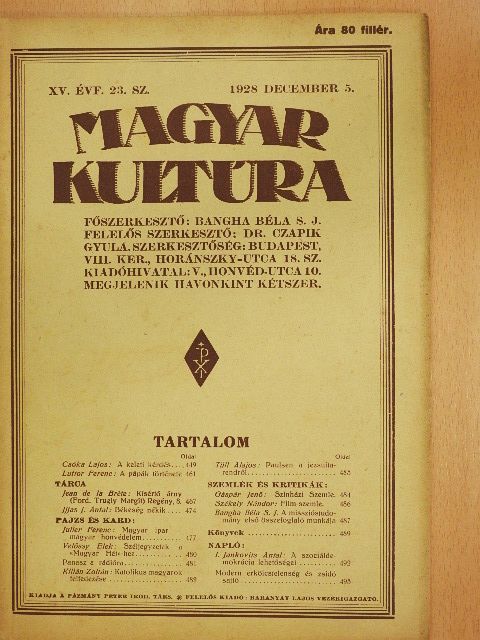 Bangha Béla S. J. - Magyar Kultúra 1928. december 5. [antikvár]