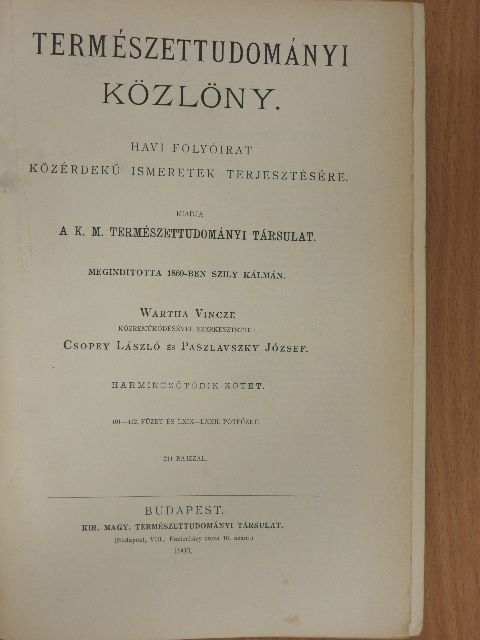 Abonyi S. - Természettudományi Közlöny 1903. január-december/Pótfüzetek a Természettudományi Közlönyhöz 1903. január-december [antikvár]