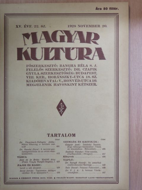 Dr. Balogh Henrik - Magyar Kultúra 1928. november 20. [antikvár]