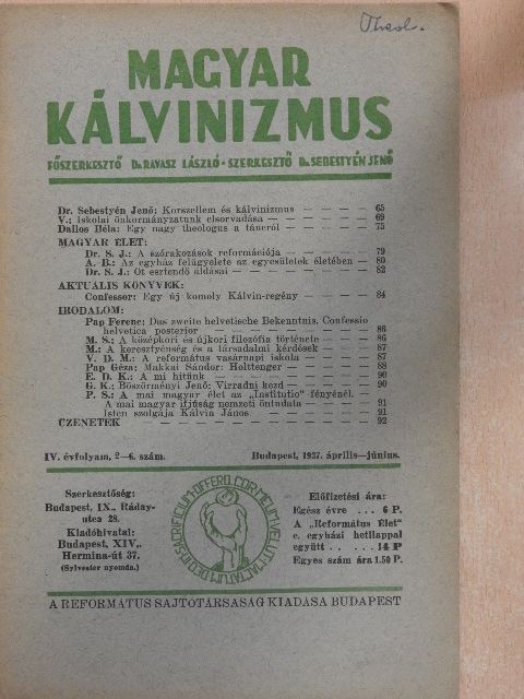 A. B. - Magyar Kálvinizmus 1937. április-június [antikvár]