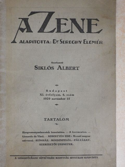 Sebestyén Ede - A Zene 1929. november 15. [antikvár]