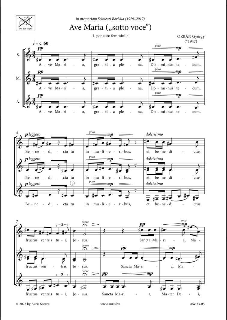 ORBÁN GYÖRGY - AVE MARIA ("SOTTO VOCE") - NŐIKARRA / VEGYESKARRA / ÉNEKHANGRA ZONGORAKÍSÉRETTEL / ZONGORÁRA
