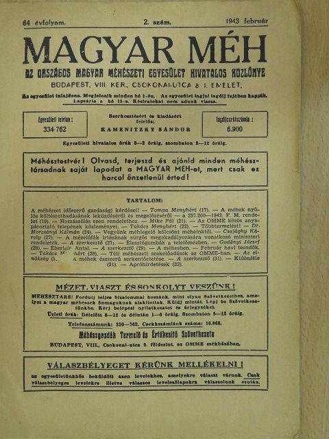 Csajághy Károly - Magyar Méh 1943. február [antikvár]