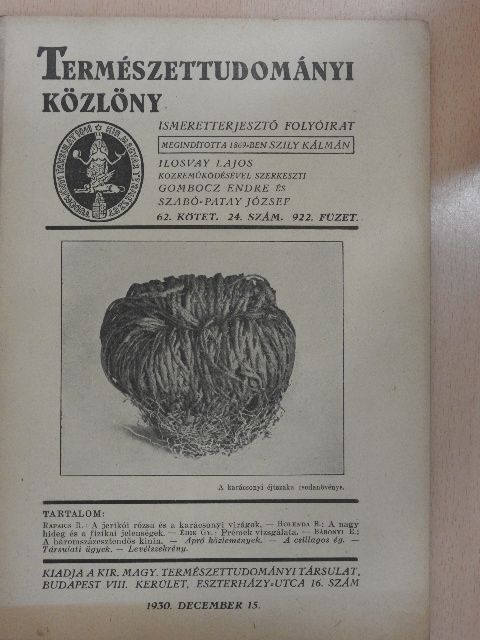 Bábonyi Endre - Természettudományi Közlöny 1930. december 15. [antikvár]