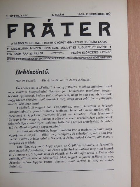 Horváth József - Fráter 1933. december [antikvár]