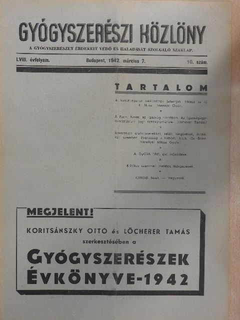 Dr. Diód-Várallyai Miksa Gyula - Gyógyszerészi Közlöny 1942. március 7. [antikvár]