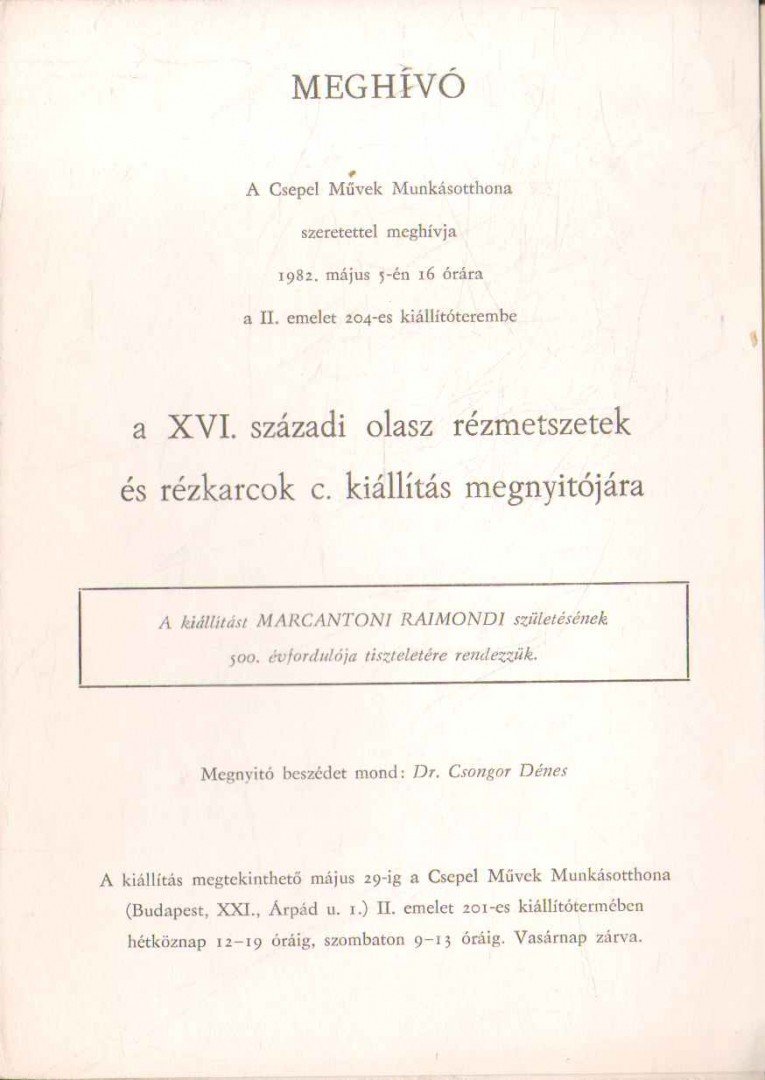 Meghívó a XVI. századi olasz rézmetszetek és rézkarcok c. kiállítás megnyitójára [antikvár]