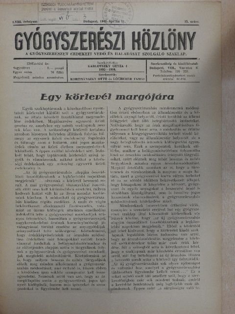 Török Árpád - Gyógyszerészi Közlöny 1942. április 11. [antikvár]