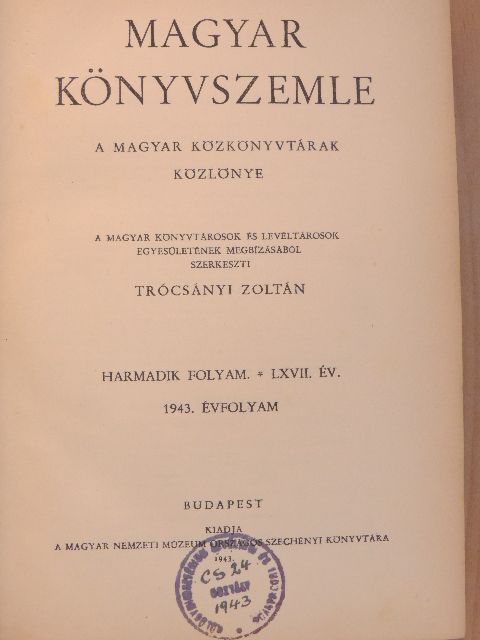 Berkovits Ilona - Magyar Könyvszemle 1943. január-december [antikvár]