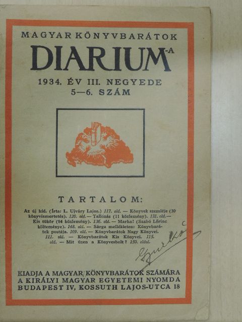 L. Ujváry Lajos - Magyar Könyvbarátok Diariuma 1934. év III. negyede [antikvár]