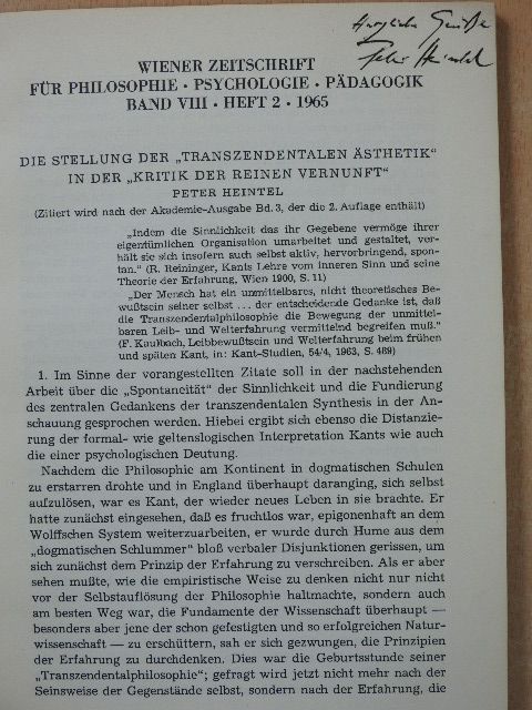 Peter Heintel - Die stellung der "Transzendentalen ästhetik" in der "Kritik der Reinen Vernunft" (dedikált példány) [antikvár]