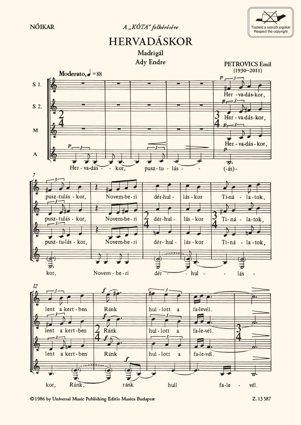 PETROVICS EMIL - HERVADÁSKOR, MADRIGÁL NŐIKARRA (ADY ENDRE VERSÉRE)