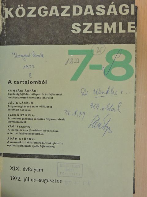 Balassa Ákos - Közgazdasági Szemle 1972. július-december (fél évfolyam) [antikvár]