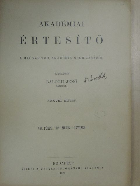 Berzeviczy Albert - Akadémiai Értesítő 1927. május-október [antikvár]