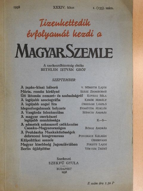 Bedecsi András - Magyar Szemle 1938. szeptember [antikvár]