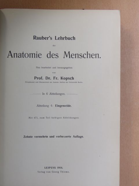Prof. Fr. Kopsch - Rauber's Lehrbuch der Anatomie des Menschen Abteilung 4. (töredék) [antikvár]