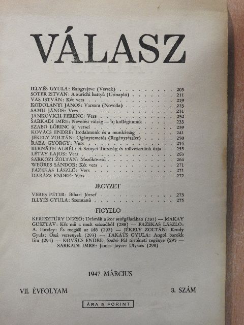 Bernáth Aurél - Válasz 1947. március [antikvár]