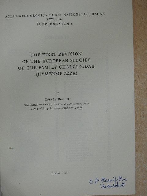 Zdenek Boucek - Acta Entomologica Musei Nationalis Pragae 1951. XXVII/Supplementum 1. [antikvár]