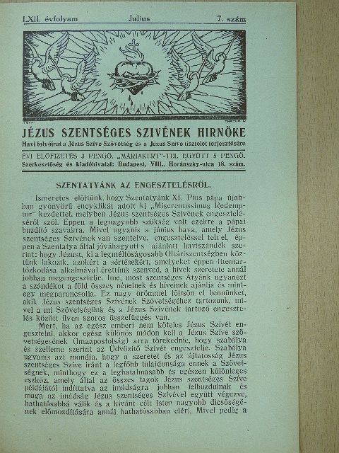 Klément Ilonka - Jézus Szentséges Szivének Hirnöke 1928. július [antikvár]