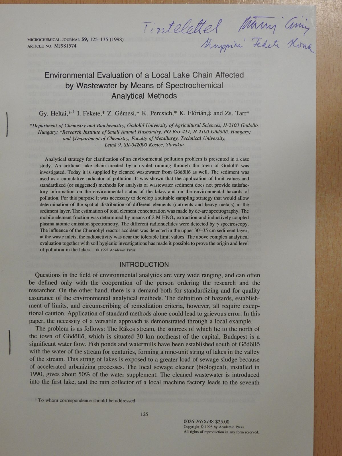 Fekete Ilona - Environmental Evaluation of a Local Lake Chain Affected by Wastewater by Means of Spectrochemical Analytical Methods (dedikált példány) [antikvár]